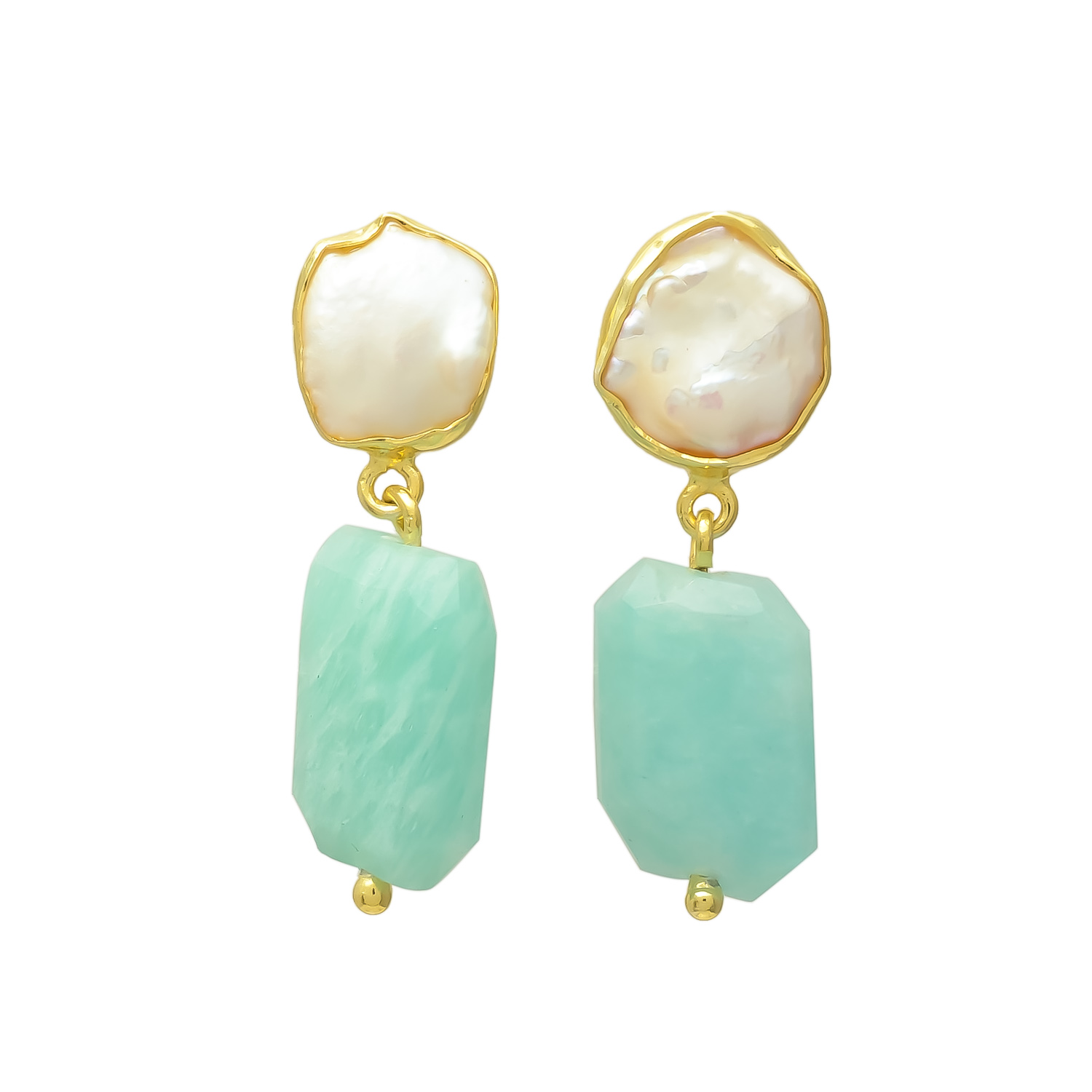 Pearl & Amazonite Gold Drop Earrings - Image 2