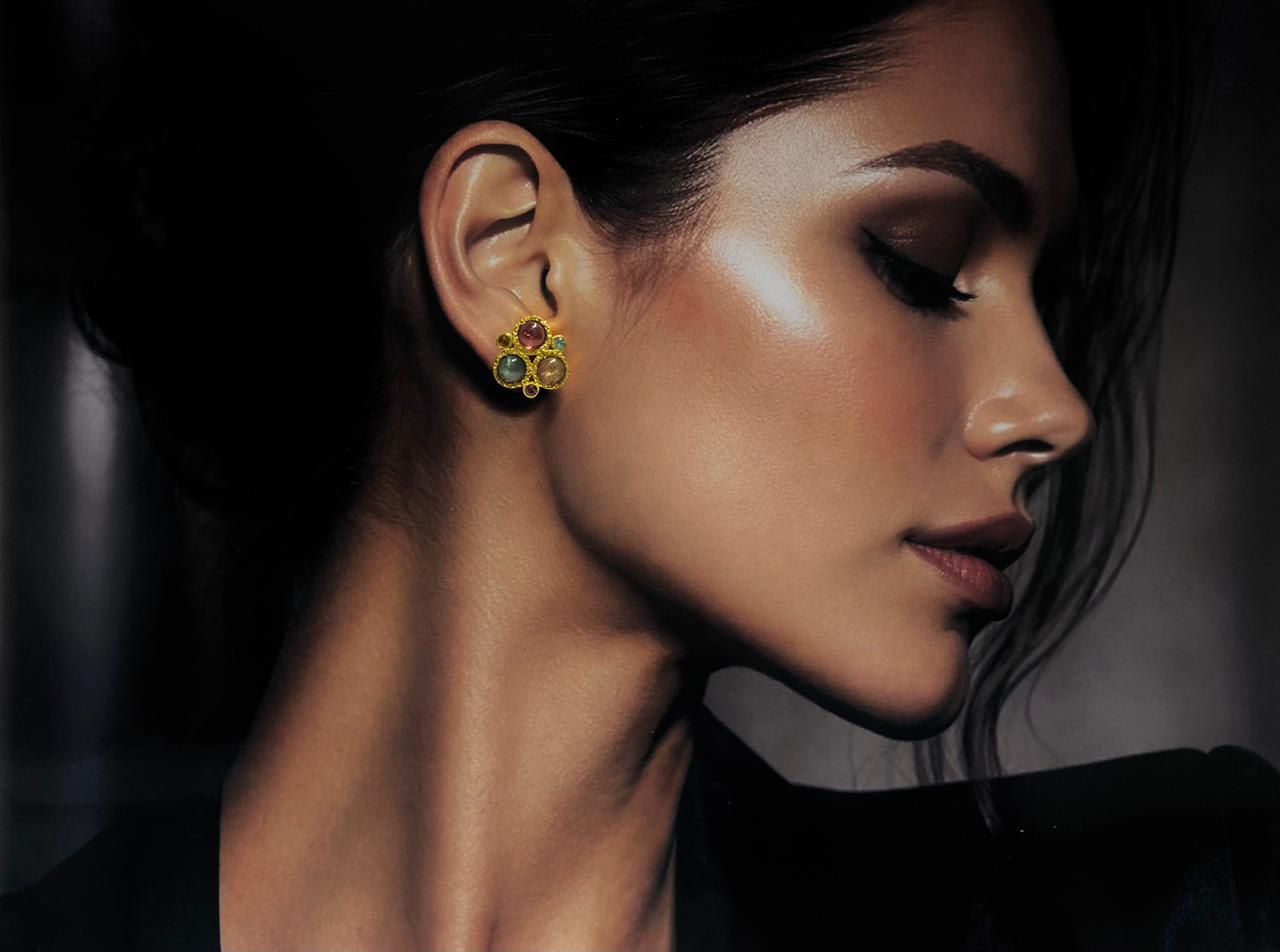 Radiant Multicolor Tourmaline Cabochon Stud Earrings
